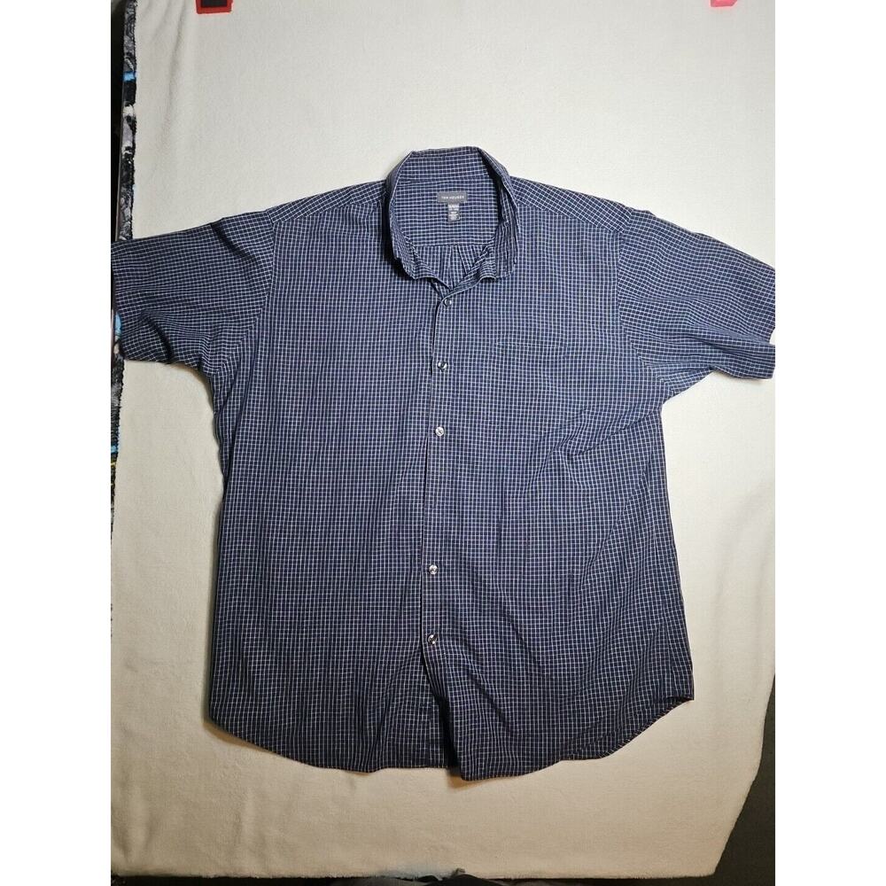 VAN HEUSEN MEN'S CASUAL PLAID COLLARED SHORT SLEEVE SHIRT NAVY BLUE SZ XL